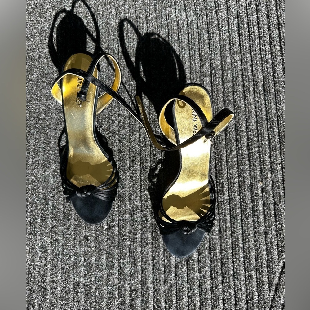 Nine West Women's Black Satin Knot Sandal Heels Holiday Formal Wedding Siren